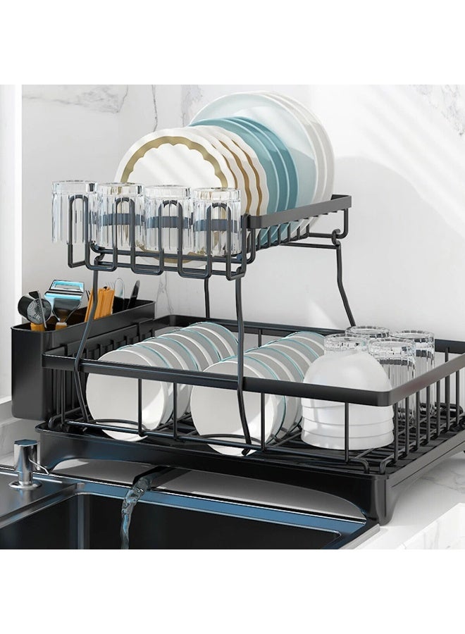 توشيونيكس رف تجفيف أطباق قابل للطي من طبقتين مع حامل أدوات وحامل أكواب وصينية تصريف T114725، نظام تصريف دوار، طلاء مقاوم للخدش، أسود - Image 4